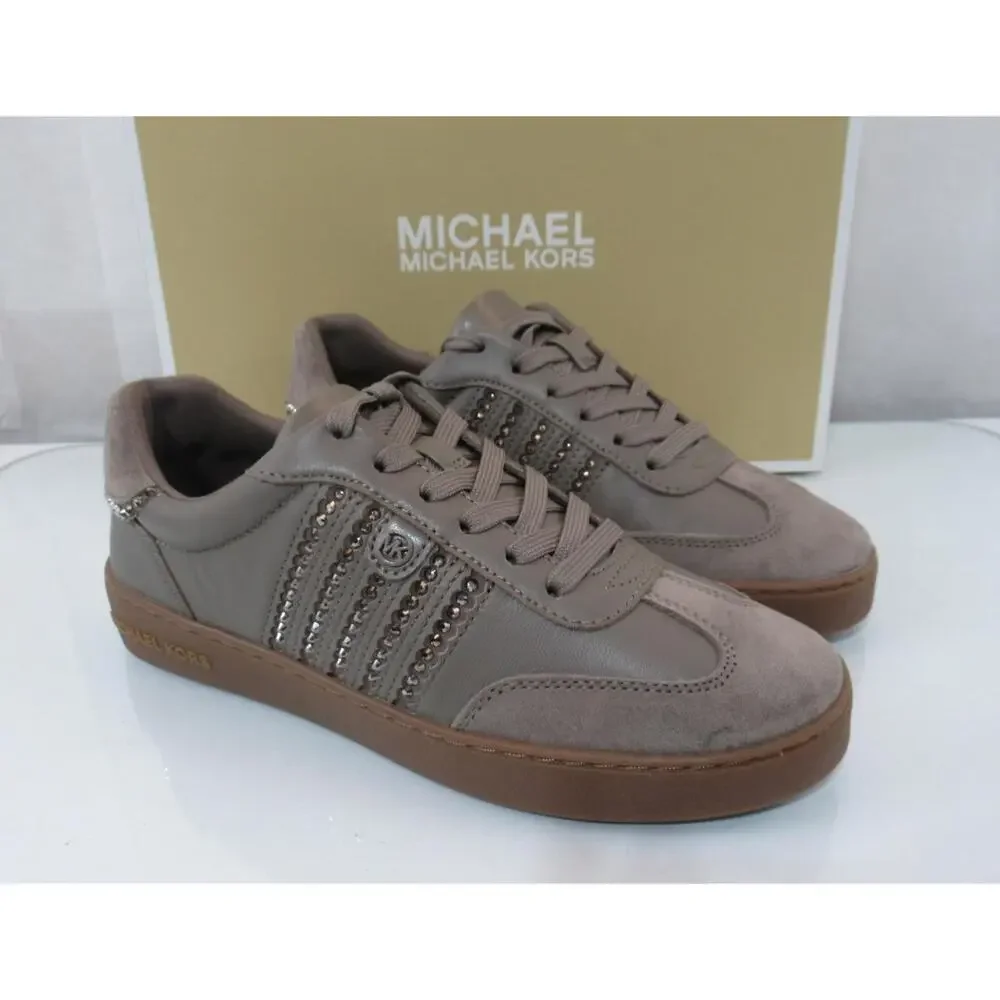 Michael Kors Scotty Lace Up Sneakers Rhinestone MK Leather Birch Brown